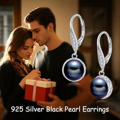 925 Sterling Silver 8mm Pearl Dangle Drop Earrings Moonstone Larimar Opal Rose Quartz Black Pearl Leverback Earrings for Women Christmas Gifts for Her - style: Black Pearl Earrings