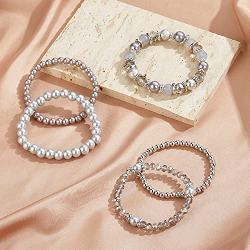 Noessla Beaded Pearl Stretch Bracelet Silver Stackable Crystal Beads Bracelets Trendy Costume Jewelry Mothers Day Gifts for Women - color: Grey