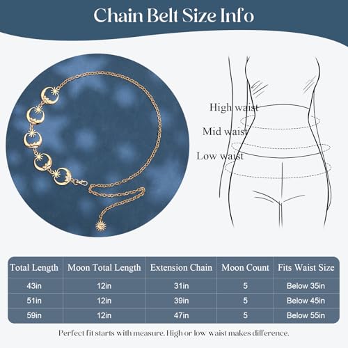 Chain Belt for Women Fashion Metal Waist Chain Belt for Dress Jeans - size: Fit Waist Up to 35'', style: Gold-moon