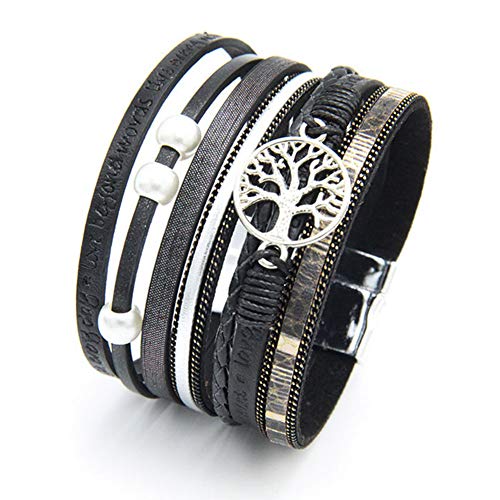 TGLS Women Tree of Life Leather Bracelets Multi-Layer Wraps Wristband Layered Wrap Bangle Cuff Bracelets for Friends Sisters Birthday Gifts - color: Black