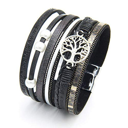 TGLS Women Tree of Life Leather Bracelets Multi-Layer Wraps Wristband Layered Wrap Bangle Cuff Bracelets for Friends Sisters Birthday Gifts - color: Black
