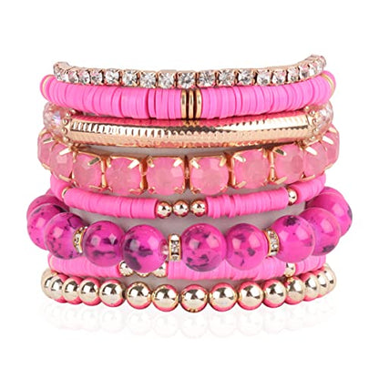 RIAH FASHION Multi Color Stretch Beaded Stackable Bracelets - Layering Bead Strand Statement Wrap Bangles - color: Boho Mix - Fuchsia, size: 7.0 Inches Length