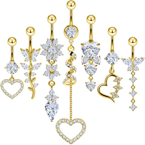 7PCS 14G 10mm Stainless Steel Dangle Belly Button Rings for Women Belly Piercing CZ Inlaid - style: Gold
