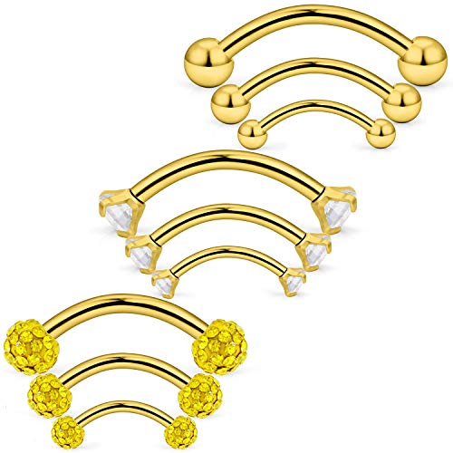 Eyebrow Barbell 16G Surgical Steel Rings with Clear Diamond CZ Curved Barballs Body Piercing Jewelry for Women Men 6mm 8mm 10mm 9 Pieces - color: B: 9Pcs-16G-Goldtone