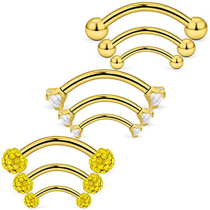 Eyebrow Barbell 16G Surgical Steel Rings with Clear Diamond CZ Curved Barballs Body Piercing Jewelry for Women Men 6mm 8mm 10mm 9 Pieces - color: B: 9Pcs-16G-Goldtone