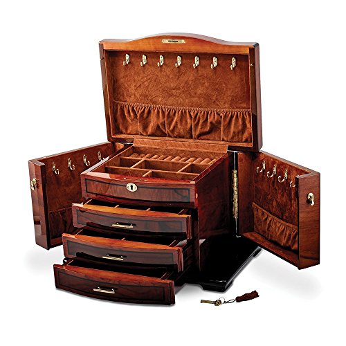 Solid High Gloss Poplar Burlwood Inlay 3-Drawer Jewelry Chest