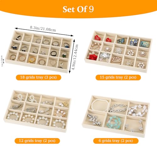 Jewelry Organizer Trays Set of 9, Velvet Lined Stackable Jewelry Trays for Drawers with Adjustable Dividers, Earring Organizer Storage, Beige 8.3 x 4.9 x 1 Inches