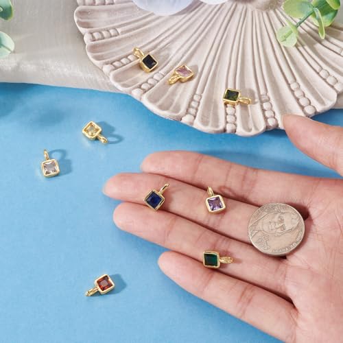 Beadthoven 9Pcs Gold Plated Cubic Zirconia Charms Square Crystal Rhinestone Charms Dangle Bead Long-Lasting Brass Birthstone Pendants for Jewelry Making Necklace Earrings Bracelet DIY Craft - color: Square Mix