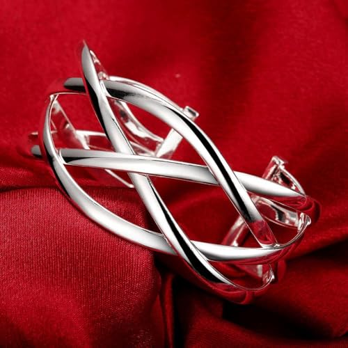 925 Sterling Silver Bracelet Plated Cuff Bangle Bracelet Fashionable Multi-layer Cross Wire Bangle Bracelet Open Adjustable Wide Cuff Bracelet for Teen Girls Fashion Jewelry - color: silver B