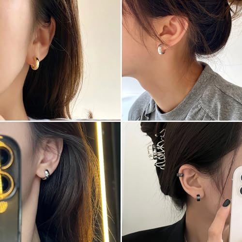 SIISPRI Stainless Steel Mens Womens Clip On Earrings Hoop Huggie Non-Piercing - color: 3-Color Set (Black, Gold, Silver)