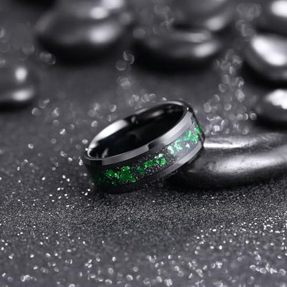 King Will Mens Wedding Band with Foils Inlay, Black/Silver/Gold | Black, 6mm/8mm, Beveled Edge, Comfort Fit, Glowstone Ring, Everyday Wear - color: Black&Green-8mm