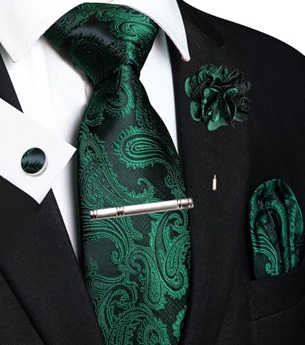 JEMYGINS Mens Paisley Tie and Pocket Square,Lapel Pin,Cufflinks,Tie Clip Sets with Gift Box 5PCS - color: Emerald Green/Black