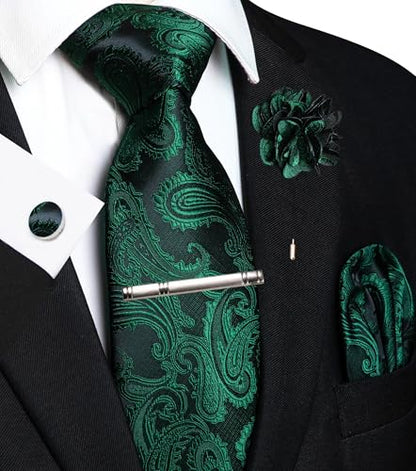 JEMYGINS Mens Paisley Tie and Pocket Square,Lapel Pin,Cufflinks,Tie Clip Sets with Gift Box 5PCS - color: Emerald Green/Black