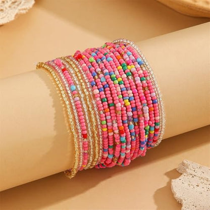 18Pcs Boho Stackable Beaded Bracelets for Women Colorful Handmade Multilayered Rice Beads Anklets Set Summer Beach Bohemian Jewelry Gift - color: Style 1 Pink A