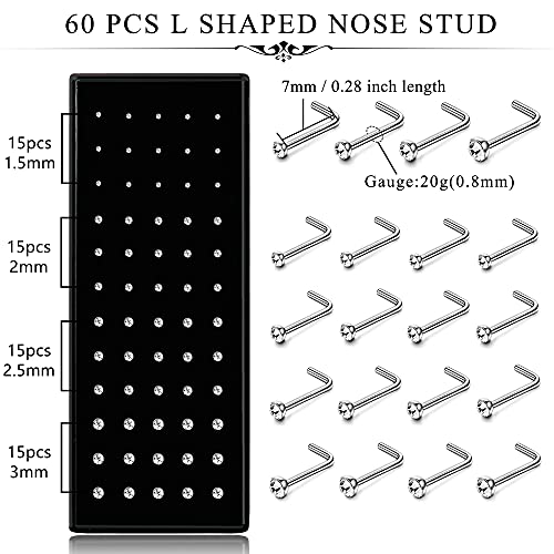 Helicopchain 60-240Pcs Hypoallergenic Nose Studs for Women Men 316L Stainless Steel CZ Nose Piercing Jewelry L Shaped Nose Rings Bone Studs Screw Piercing 20G-22G 1.5mm 2mm 2.5mm 3mm - color: F: 20G(60Pcs L Shaped Nose Stud)