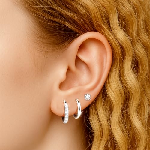 Silver/Gold Stud Hoop Earrings:Hypoallergenic Surgical Stainless Steel Small Cartilage Huggie Hoop Earrings Flat Back Earrings Screw Back and Flatback Stud Earrings for Women Multiple Piercing Sensitive Ears - style: Silver-(6mm+6mm)hoop earrings+4mm cz s
