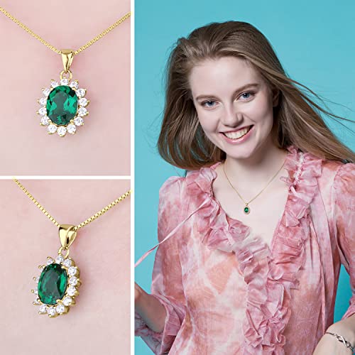 JewelryPalace Princess Diana Kate Middleton Natural Amethyst Citrine Garnet Peridot Topaz Created Ruby Sapphire Simulated Emerald Pendant Necklace for Women, 925 Sterling Silver Gemstone Jewelry Set - color: E-Yellow Gold Plated-emerald