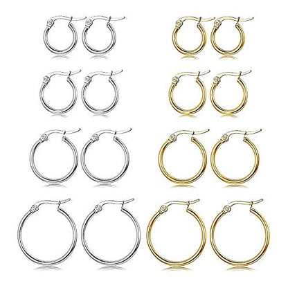 4 Pairs Stainless Steel Round Hoop Cute Huggie Earrings For Women Small Hoop Earring Set(10mm,15mm,20mm,25mm) - color: Gold Tone-4Pairs,Silver Tone-4Pairs