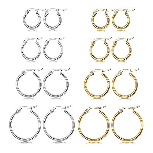 4 Pairs Stainless Steel Round Hoop Cute Huggie Earrings For Women Small Hoop Earring Set(10mm,15mm,20mm,25mm) - color: Gold Tone-4Pairs,Silver Tone-4Pairs