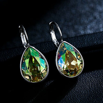 Xuping Jewelry Huggies Crystal Teardrop Earrings for Women Clear Crystals Leverback Silver Earring Fashion Party Jewelry Gifts - color: Apple Green