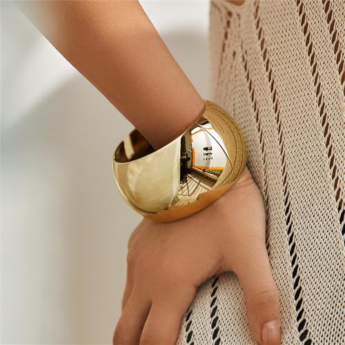 Extra Wide Chunky Bangle Bracelets for Women Dainty Minimalist Classic 14K Yellow Gold Plated Cuff Wrist Open Bangles Statement Unique Exaggerate High Polished Fashion Trendy Jewelry Gift - color: Gold-Tone