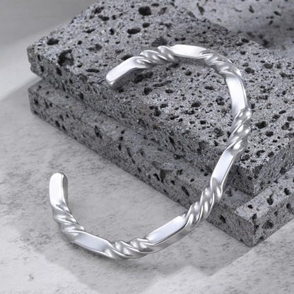 Hisatan Stainless Steel Mens Cuff Bracelet, Minimal Twist Cool Antique Retro/Silver/Black Open Metal Cuff Bangle Bracelets for Men, 65/70mm - color: Silver