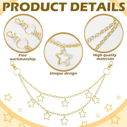 Jadive 5 Pieces Belt Chain Jeans Pants Pocket Waist Multi-Layer Hip Hop Metal Wallet Chain for Men Women - style: Star, Gold