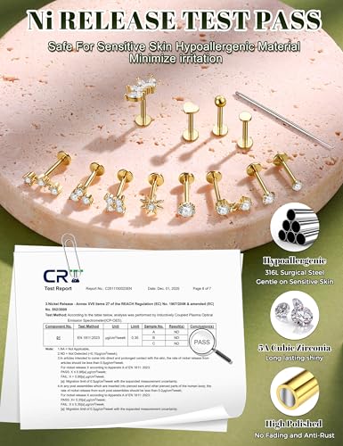 TEN MIRO Flat Back Stud Cartilage Earring for Women Tragus Piercing Jewelry | 16G 18G 20G Hypoallergenic Earrings, Gold Silver Surgical Steel Nose Studs Internal Thread Conch Ring, Helix Piercing Jewelry - color: Gold, size: 16G(1.2mm),8mm