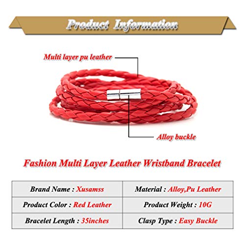 Xusamss Fashion Alloy Buckle Multilayer Leather Wrap Cuff Bracelet,7.5inches - color: Red