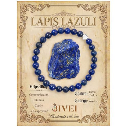 Bivei Crystal Stretch 6mm Bracelets for Women | Handmade Natural Stone Beaded Stretch Bracelet, Stainless Steel Heart Bead, Tranquility Yoga Gift Jewelry for Women - color: Lapis Lazuli - Wisdom