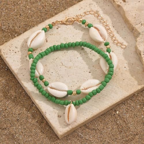 INENIMARTJ Puka Shell Anklets Bracelet for Women Colorful Shell Beaded Anklet Summer Ocean Hawaiian Beach Foot Jewelry Mermaid Seashell Anklets Jewelry for Women - color: green