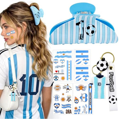 2026 Soccer Commemorative Gift Set for Girls and Women, Sky Blue Stripe Hair Claw Clip, No. 10 Jersey Keychain & Argentina Flag Stickers, Tribute Keepsake Accessories