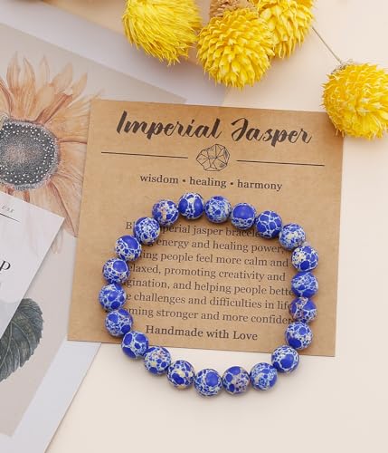 BOMAIL Natural Stone Beaded Bracelet for Women Men | 8mm Round Beads,Healing Crystal,Semi-Precious Gemstone,Yoga,Stretch,Bracelets Jewelry Gift - color: Imperial Jasper