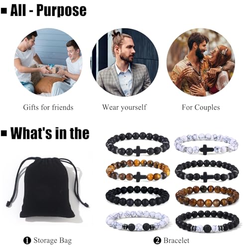 Giovanchi 4-12PCS Bracelets for Men, 8MM Mens Bracelets Lava Rock Black Obsidian Howlite Tiger Eye Beaded Natural Stone Bracelet Jewelry Gifts for Birthday Christmas - style: 8Pcs E