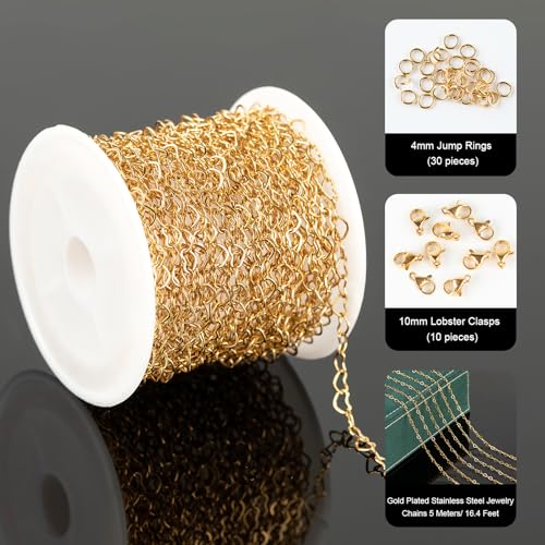 UMAOKANG 5 Meters Gold Plated Stainless Steel Chain for Jewelry Making Hollow Heart Chain Roll with Jewelry Findings - color: Gold Heart