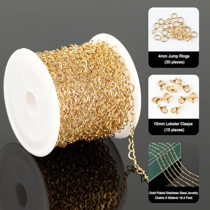 UMAOKANG 5 Meters Gold Plated Stainless Steel Chain for Jewelry Making Hollow Heart Chain Roll with Jewelry Findings - color: Gold Heart