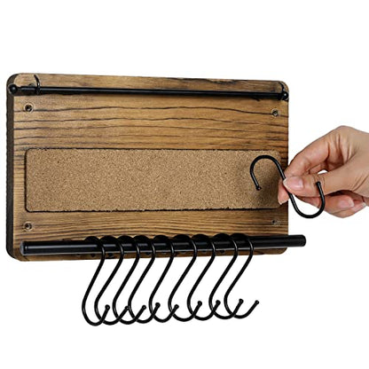 MyGift Wall Mounted Jewelry Organizer, Burnt Wood and Black Metal Necklace Holder, Bracelet, Earring Display Storage Rack with 10 Hanging S-Hooks