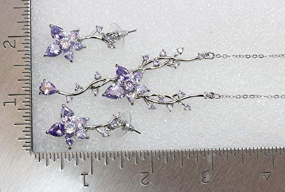Faship Gorgeous CZ Crystal Floral Necklace Earrings Set - color: Lavender