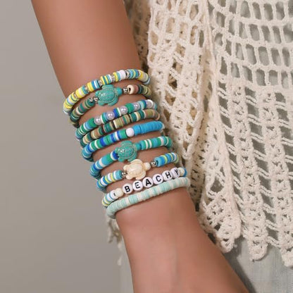 Shell Starfish Bracelet Seahorse Conch Starfish Sea Shell Pearls Charm Stone Bracelet Statement Bohemian Sea Themed Beach Jewelry for Women - color: Set C