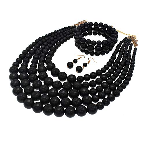 JNF Large Faux Pearl Necklaces for Women Multi strand Pearl Necklace Bracelet and Earrings Set 1920s Costume Pearls Necklace Jewelry Accessories - color: Black