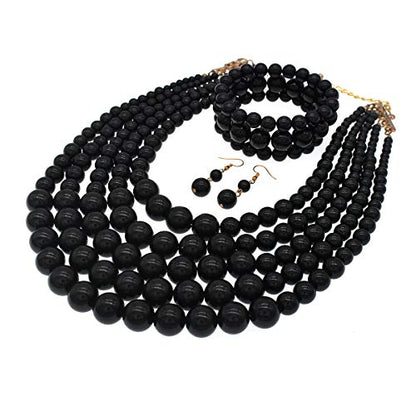 JNF Large Faux Pearl Necklaces for Women Multi strand Pearl Necklace Bracelet and Earrings Set 1920s Costume Pearls Necklace Jewelry Accessories - color: Black