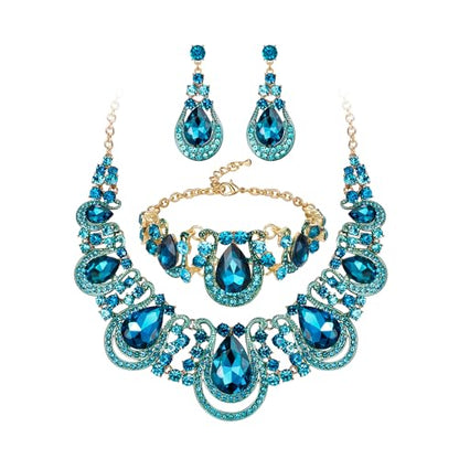 BriLove Women's Teardrop Crystal Statement Necklace Cluster Hollow Dangle Earrings Chain Bracelet Bib Jewellery Set for Wedding Bride Bridesmaid - color: Blue Topaz Color Gold-Tone