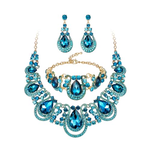 BriLove Women's Teardrop Crystal Statement Necklace Cluster Hollow Dangle Earrings Chain Bracelet Bib Jewellery Set for Wedding Bride Bridesmaid - color: Blue Topaz Color Gold-Tone