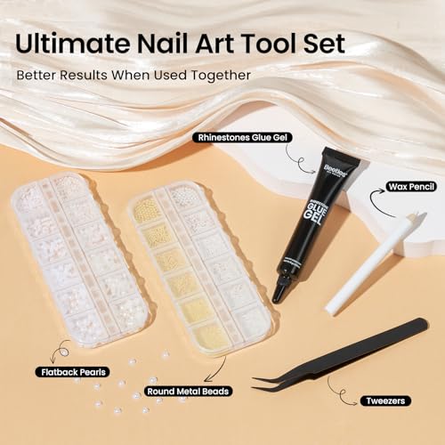 Beetles 3D Nail Charms Gold Silver Nail Beads and White Pearl with 15g | Rhinestone Glue Tweezers Pick-up Pencil for Nails Art Metallic Round Caviar Beads White Flatback Pearls Manicure Accessories - color: 3D Nail Charms-Pearls