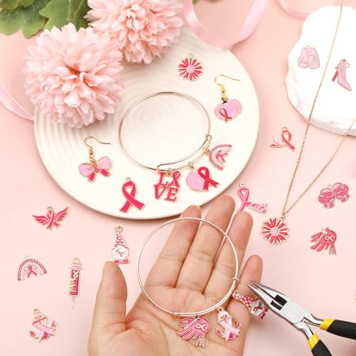 SANNIX 200Pcs Breast Cancer Charms for Jewelry Making, Pink Ribbon Bulk | Cancer Awareness Charm Hope Pendants, for Bracelets Necklaces Earrings Craft Making Accessories - color: Pink