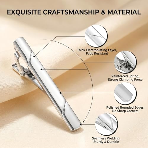 2.36 Inch Mens Silver Tie Clip, Stainless Steel Diagonal Stripe Tie Bar, Non-Slip Minimalist Necktie Clip for Business Wedding Daily Wear - color: Silver