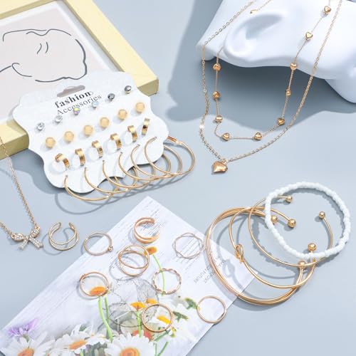 NEWITIN 49 Pieces Gold Jewelry Set for Women Fashion Costume Jewelry Gold Plated Necklace Bracelet Ring Earrings Set for Women - color: Gold Jewelry Set A