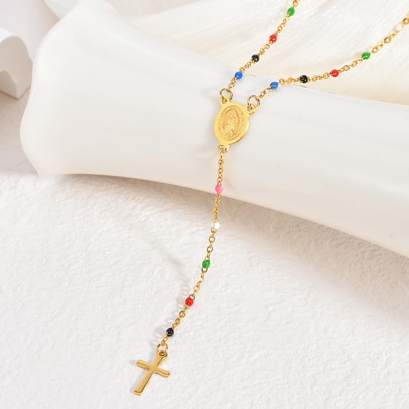 KURTCB Rhinestone Necklace for Women Boho Long Y Lariat Gold Necklace Stack Colorful Summer Beach Jewelry - color: Gold Rainbow