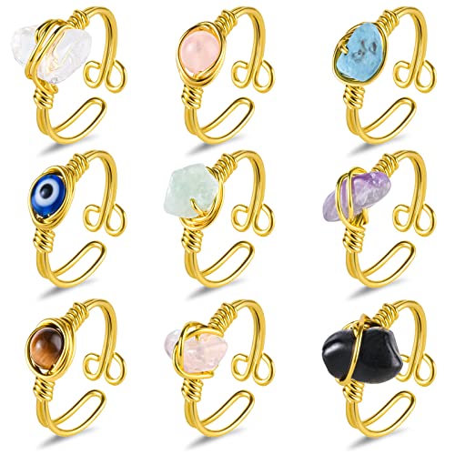 9 PCS Healing Crystal Ring, Adjustable Wire Wrapped Rings Irregular Gemstone Rings Set for Women - color: Gold-Style A