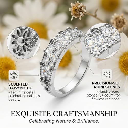 14K Non Tarnish Gold Rings for Women 34 Rhinestones Daisy Accents Stackable Stacking Gold Plated Womens Wedding Rings - color: Silver